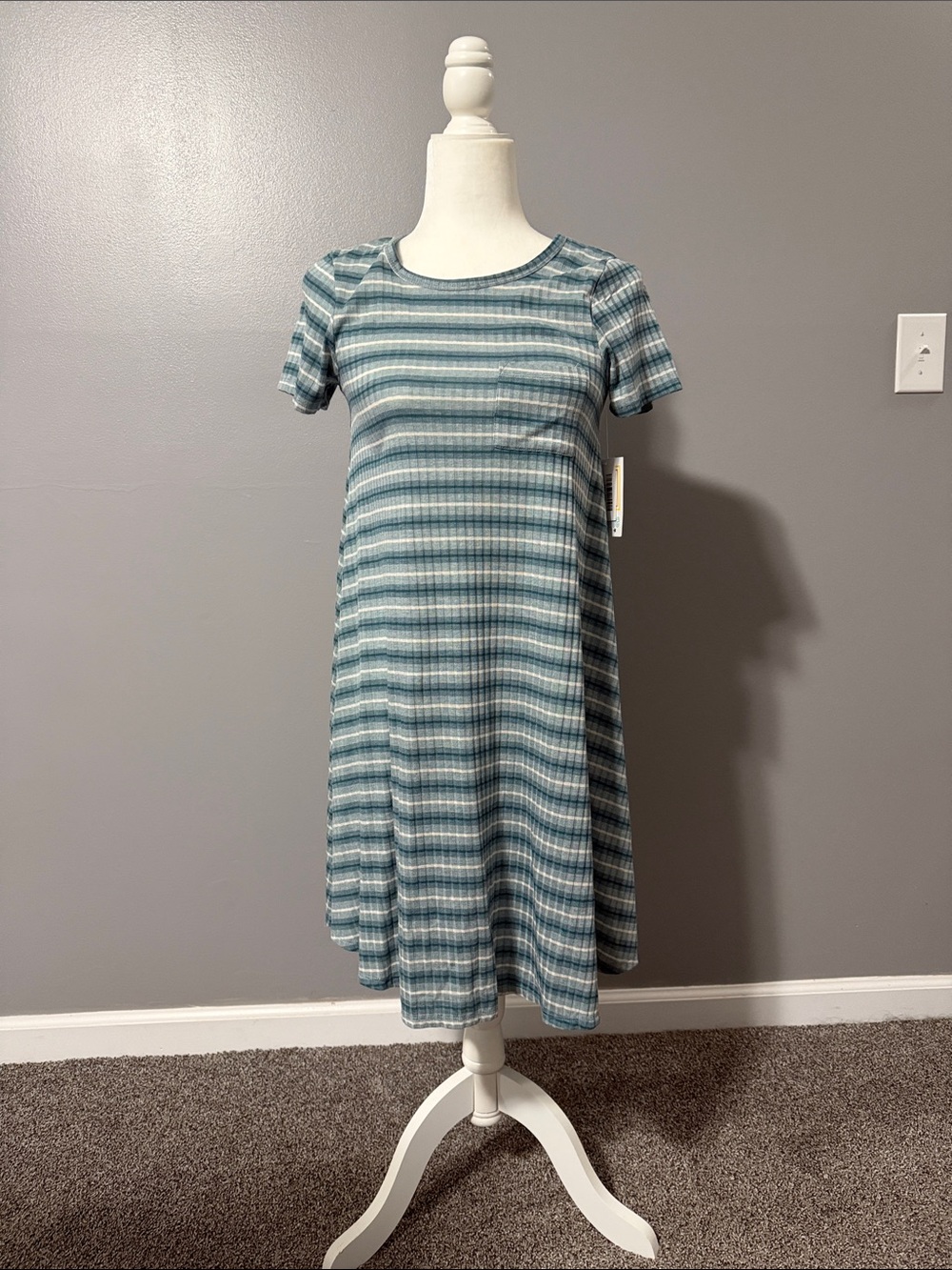 LuLaRoe Teal and White Striped Midi Dress